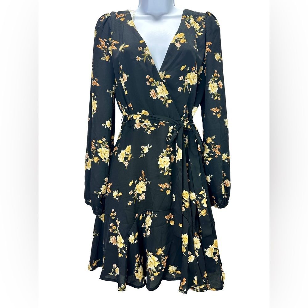 Trixxi Clothing Co Black and Yellow Floral Long Sleeve Dress Size M